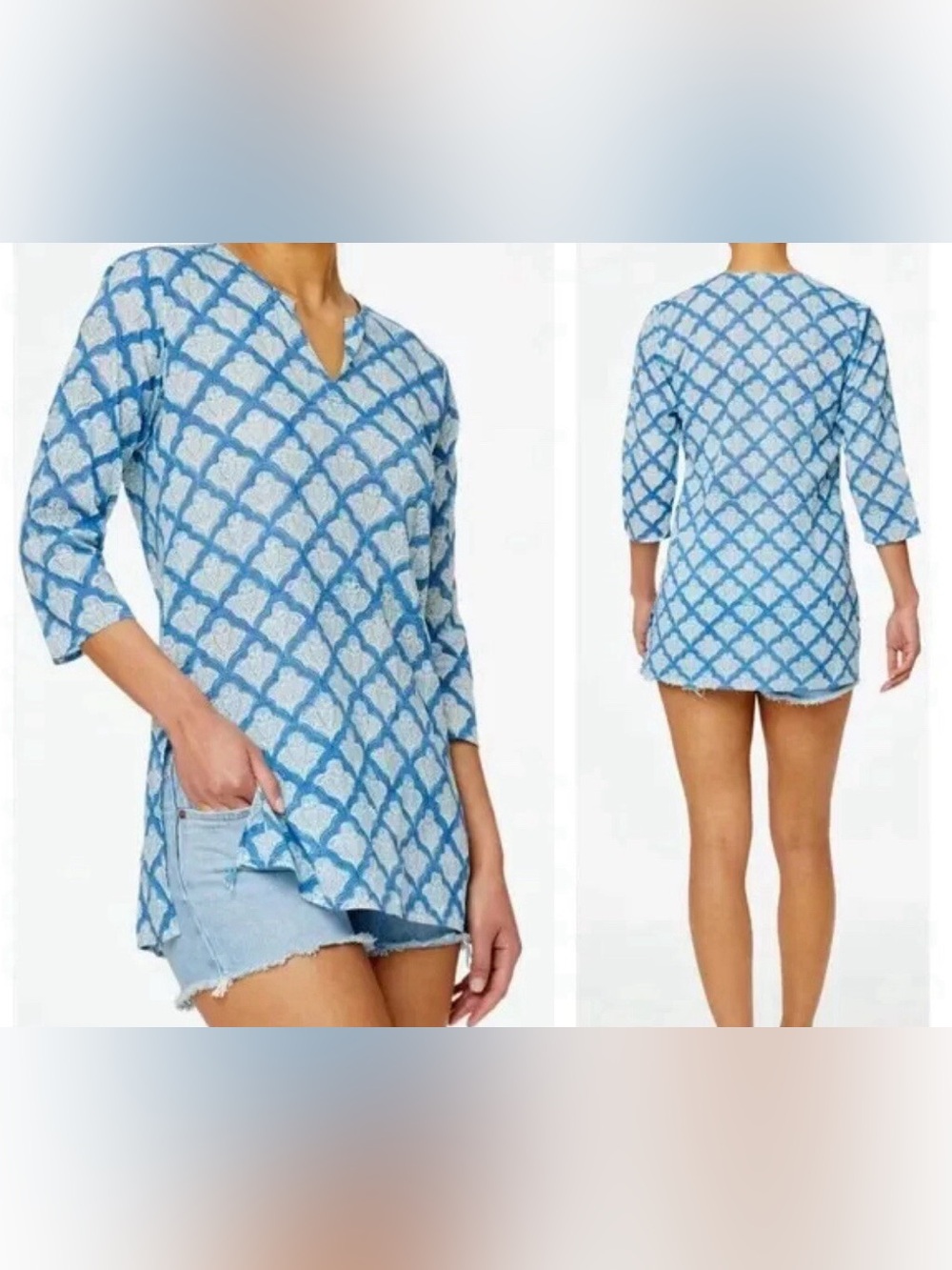 Roller Rabbit White & Blue Print Tunic with 3/4 Sleeve Size S